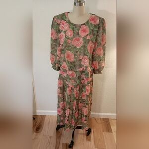 Vtg 80s Floral Midi Dress